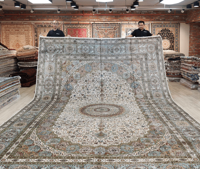 Oversized Traditional Carpet Handmade Beige Silk Classic Carpet 12x18ft