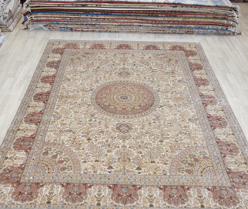 Persian Rug Handmade Beige Silk Classic Oriental Carpet Colletion 9x12ft