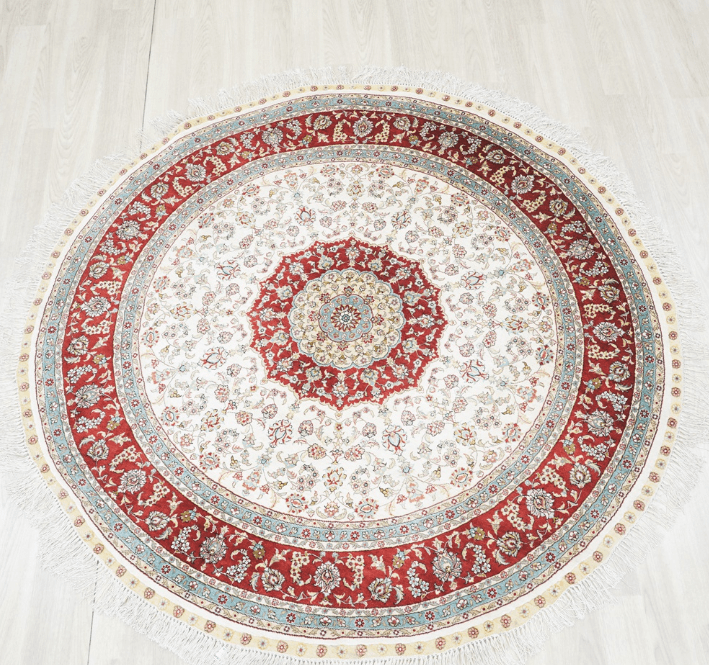 Handmade Pure Silk Rug Persian Villa Round Red Carpet 5x5ft