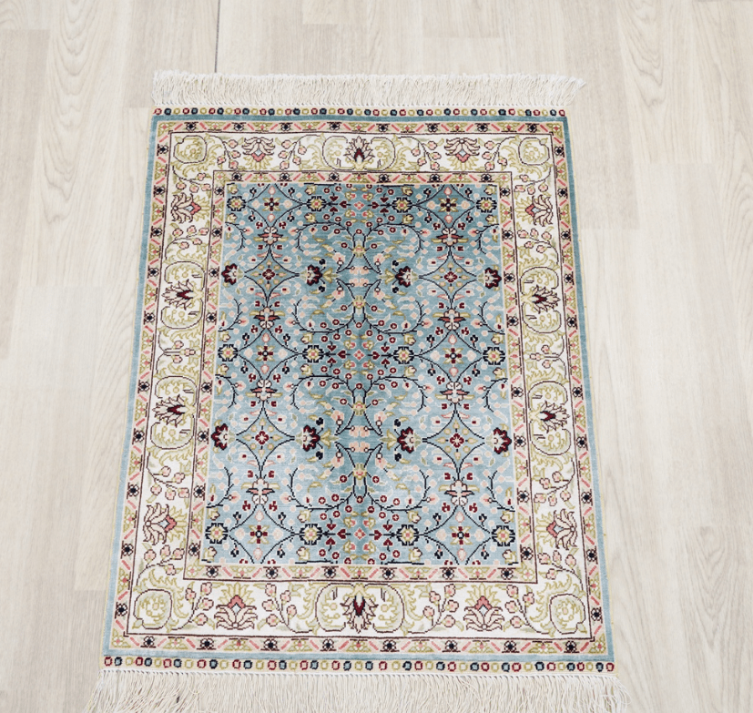 Hereke Rug Small Oriental Blue Hand Knotted Silk Rug 2×2.8ft