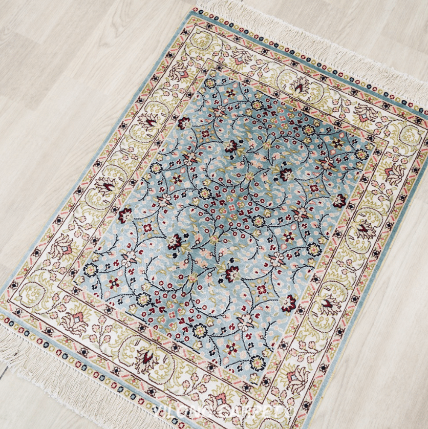 Hereke Rug Small Oriental Blue Hand Knotted Silk Rug 2×2.8ft