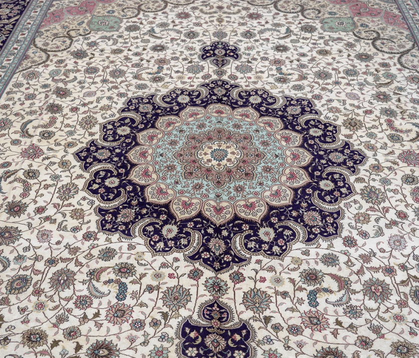 Persian Rug Hand Knotted Beige Silk Classic Oriental Carpet 9x12ft