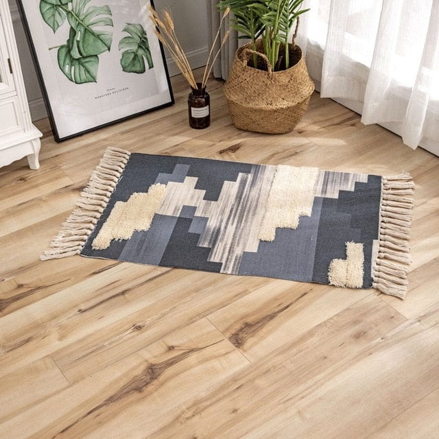 Grey and cream Bohemian Hand Woven Cotton Linen Carpet Bedside Rug Floor Mat
