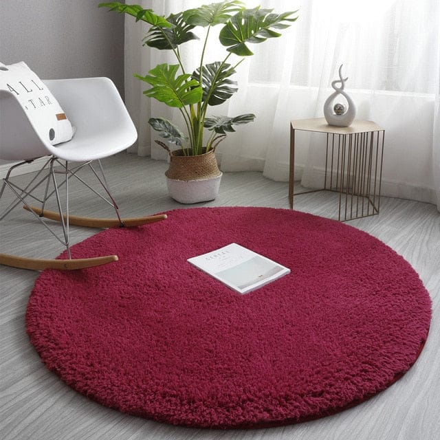 Wine Red Round Fluffy Carpet