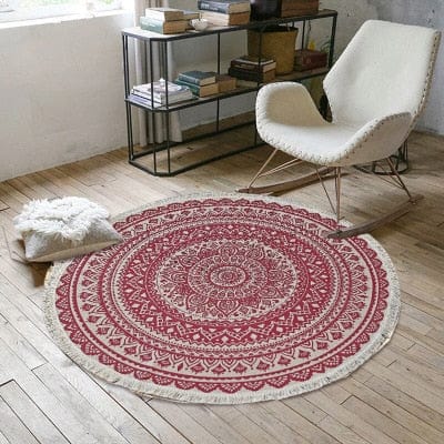 Maroon and white Bohemian Round Nordic Floor Carpets for Living Room
